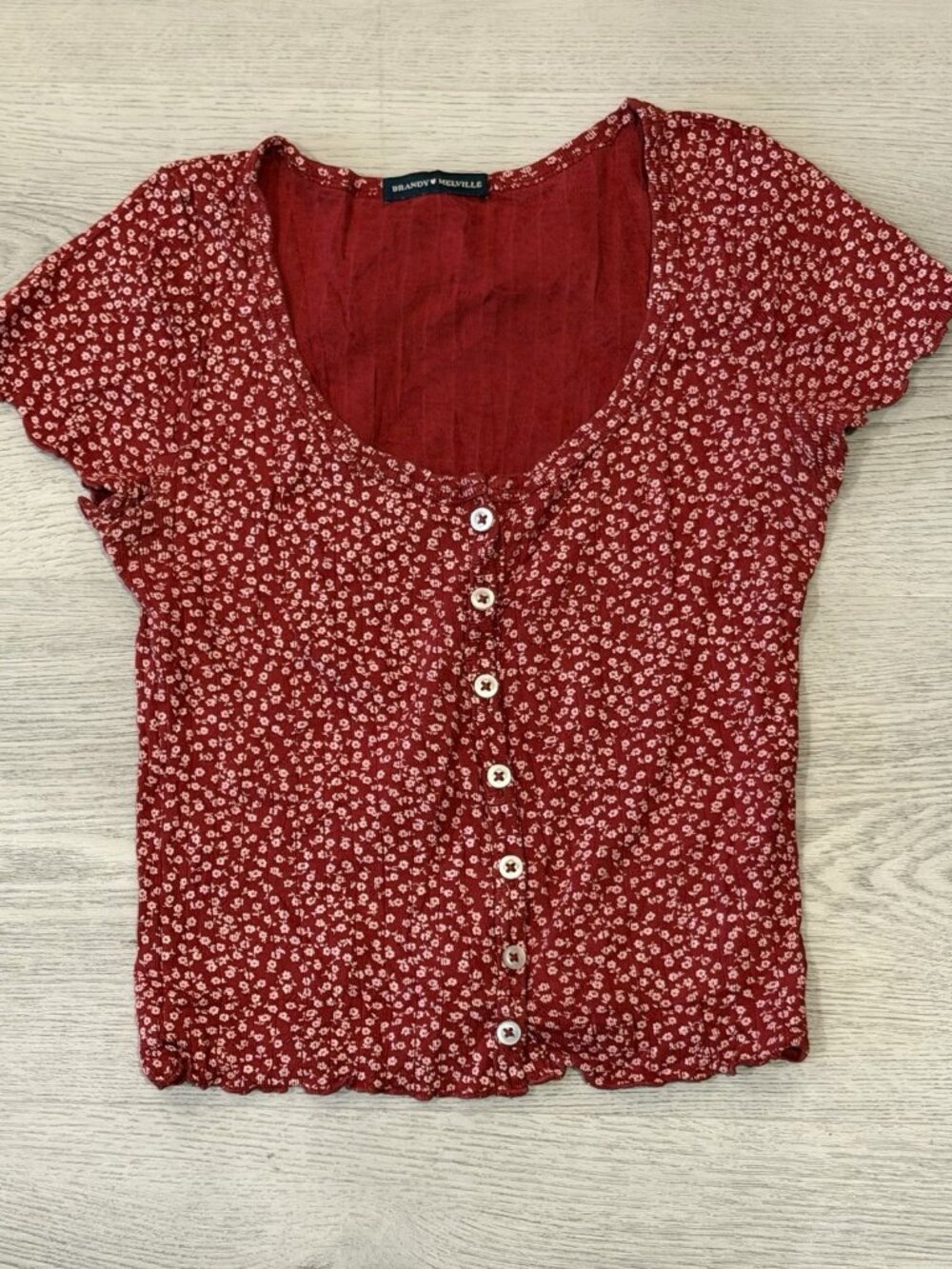 Brandy Melville Red Floral Crop Top Ditsy Print Button Front Lettuce Hem